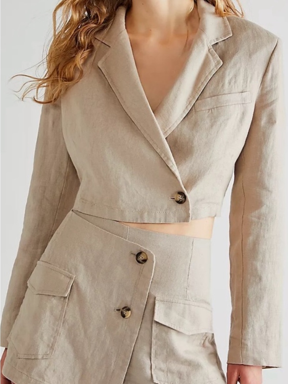 Free People Taupe Cropped Blazer and Utility Shorts Set